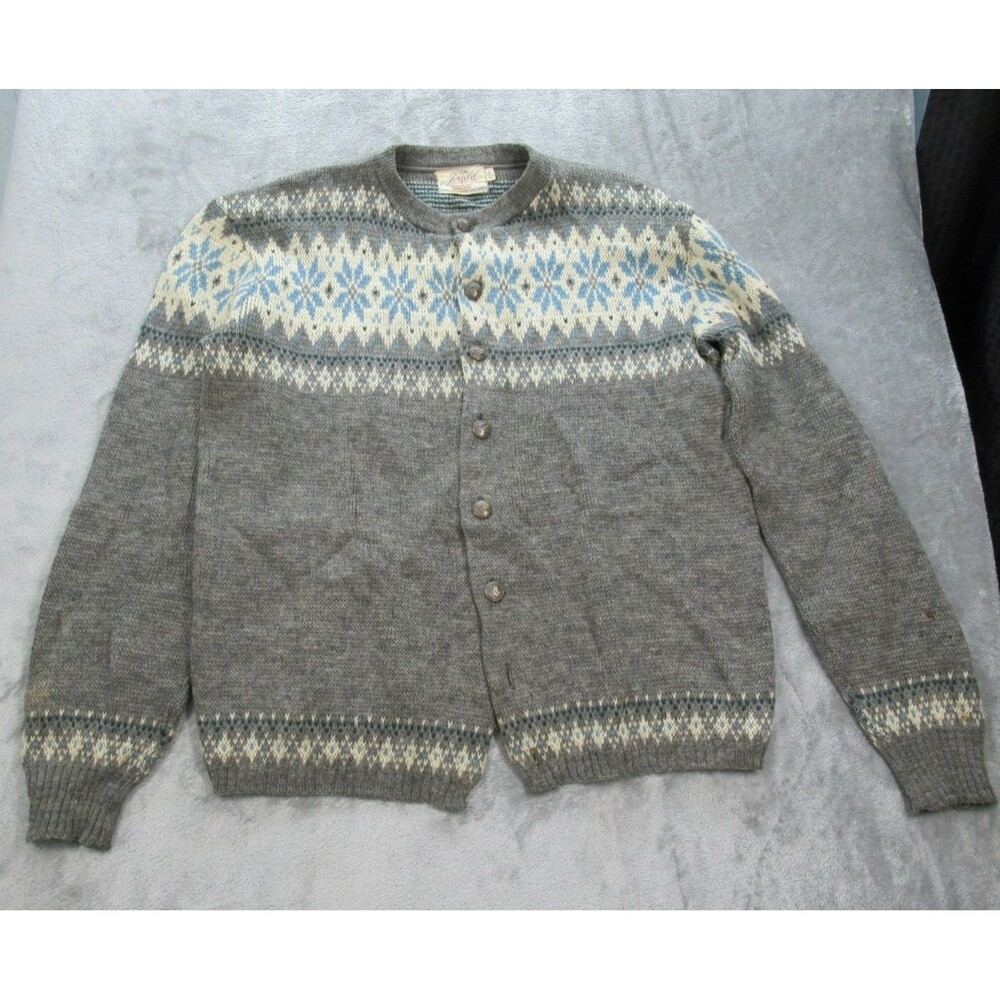 VTG Jersild Sweater Womens Size Medium Cardigan 100% Virgin Wool Fair Isle Gray